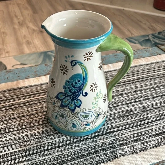 Dutch Wax Hand Painted Peacock Floral Pitcher Coastline Import - Picture 1 of 5